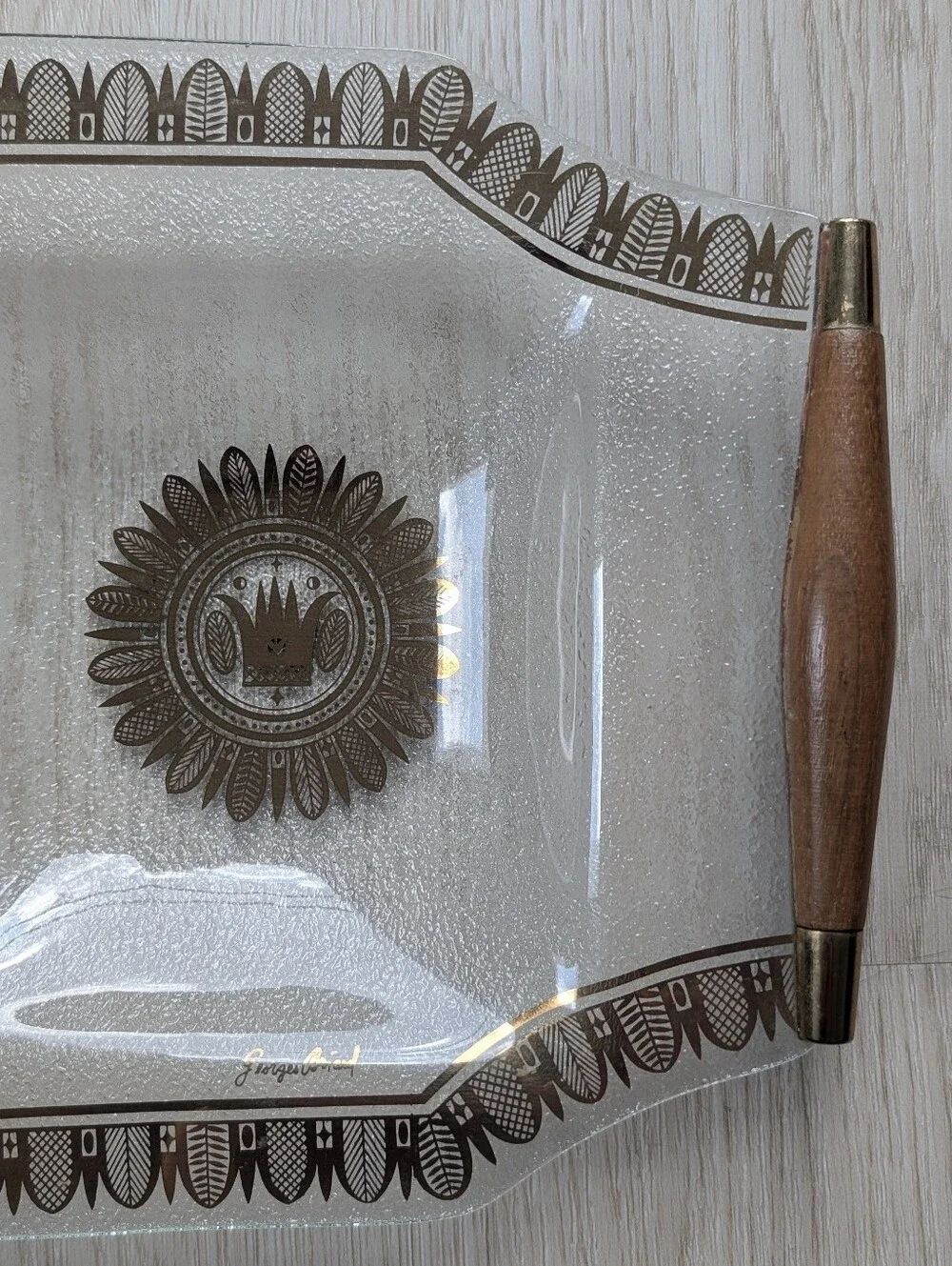 Vintage Georges Briard Glass Tray, Teak Handles, Gold & Brown Design.